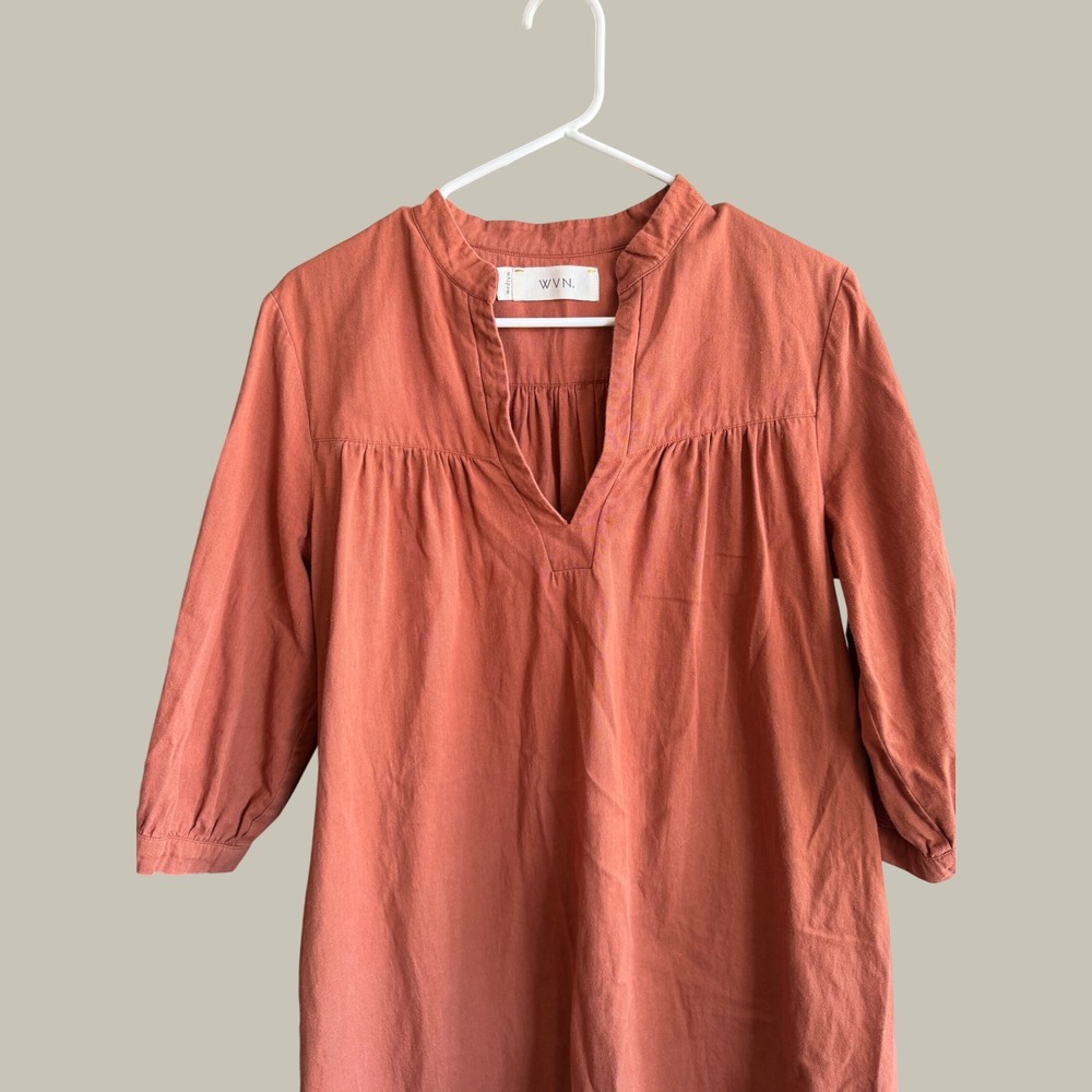 WVN Rust Terracotta Notched Neck Tunic Dress Medium Boho Relaxed Fit - Picture 4 of 4